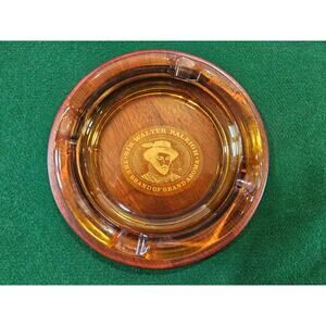 Vintage thick Amber Glass Ashtray with solid wood base